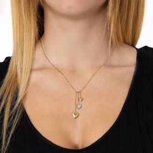 Lucchetta - Tri-Gold 3 Puffed Family Hearts Necklace, White Rose Yellow Gold Heart, Tiny Gold Chain 16+2 Inch - Gift Ready Box