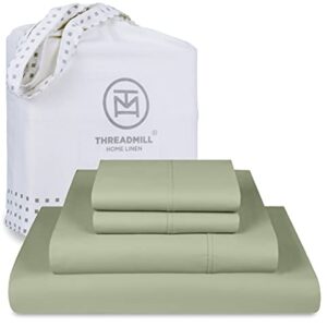 Threadmill 100% Cotton Sheets for Queen Size Bed - 600 Thread Count Queen Bed Sheets Set with 16” Deep Pocket - Sateen Weave 4-Piece Bedding Set with Cooling Effect, Sage Green