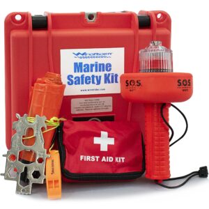 uscg boating safety kit - electronic flare - first aid kit - whistle - multi tool - waterproof case (plastic)