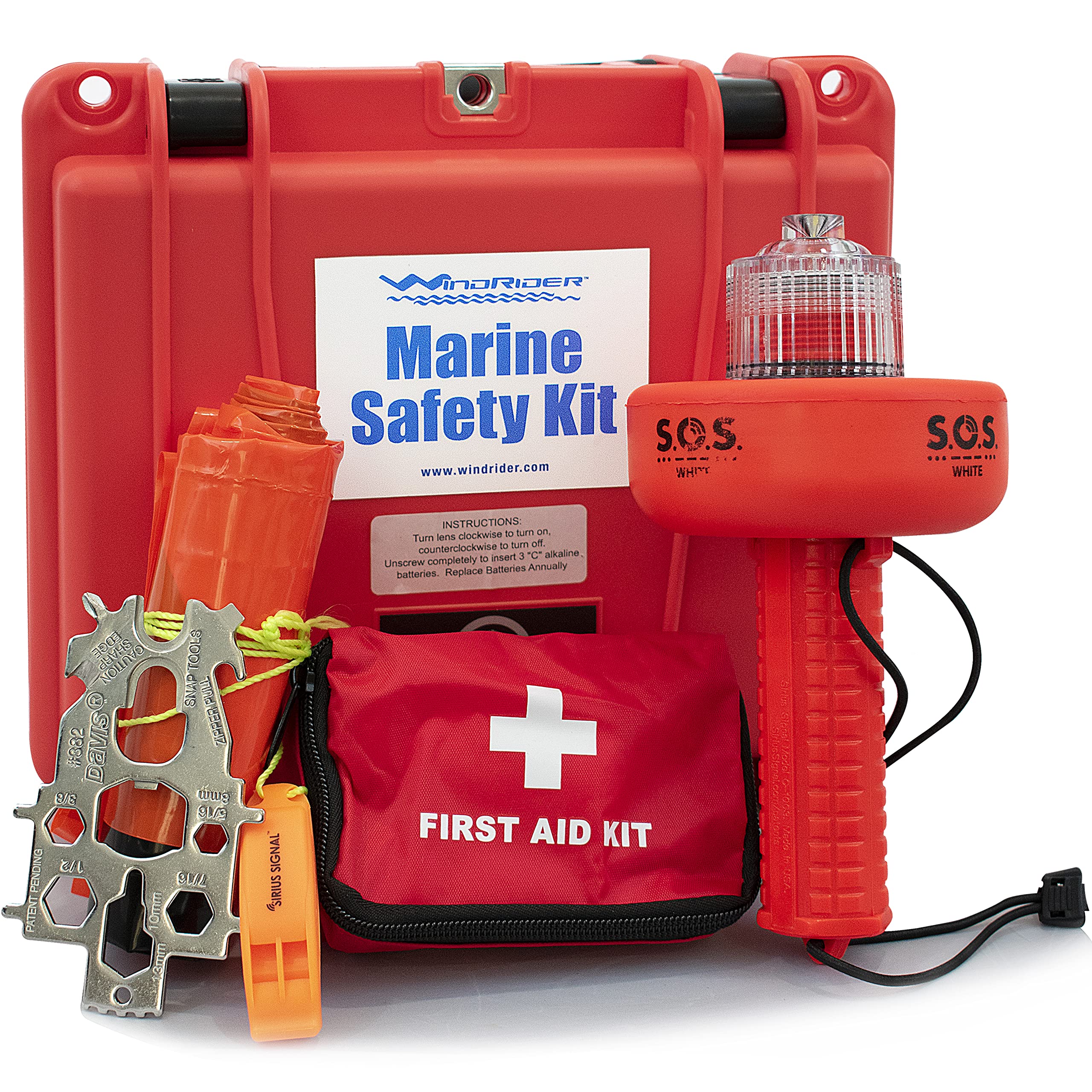 USCG Boating Safety Kit - Electronic Flare - First Aid Kit - Whistle - Multi tool - Waterproof Case (Plastic)