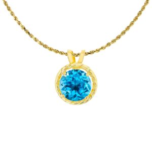 solid 14k yellow gold 6mm round genuine swiss blue topaz december birthstone with rope frame rabbit ear 18" rope chain necklace | 14k gold swiss blue topaz necklace for women