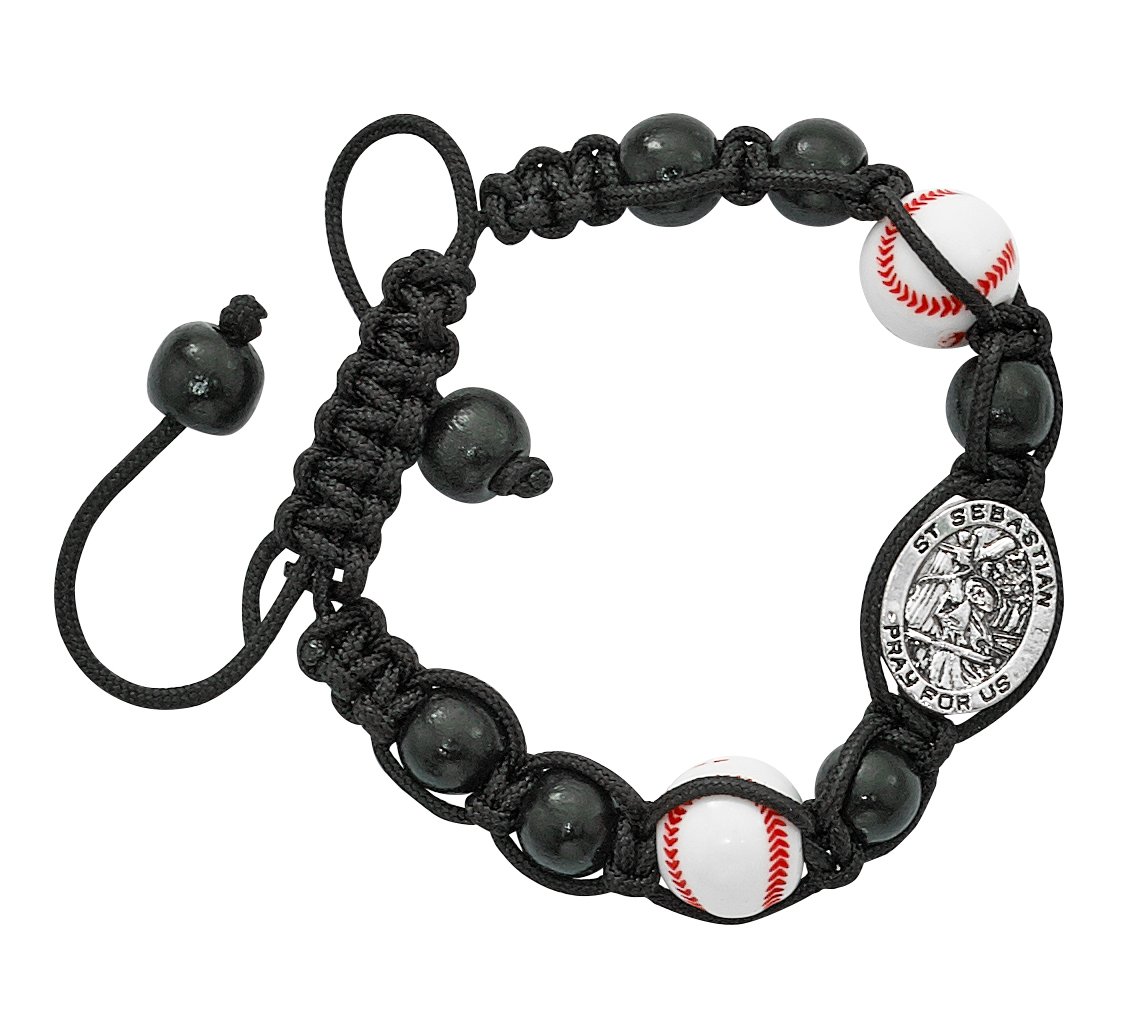 Sports Baseball Bead Bracelet with Silver Toned Saint Sebastian Medal, 8 Inch