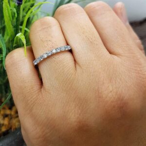 Dazzlingrock Collection 2mm Alternate Round Aquamarine & White Diamond Stackable Wedding Band for Women in 14K White Gold, Size 8