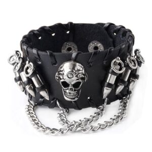 Jovivi 3pcs Spike Studded Rivets Punk Rock Biker Wide Strap Genuine Leather Bracelets Chain Wristband Adjustable