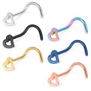 ruifan 18g mix color surgical steel heart nose stud rings screw bend piercing jewelry 6pcs