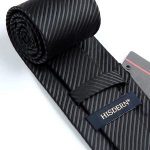 HISDERN Black Ties for Men Formal Mens Ties and Pocket Square Set Classy Silk Striped Necktie Handkerchief for Wedding Business Graduation School Party