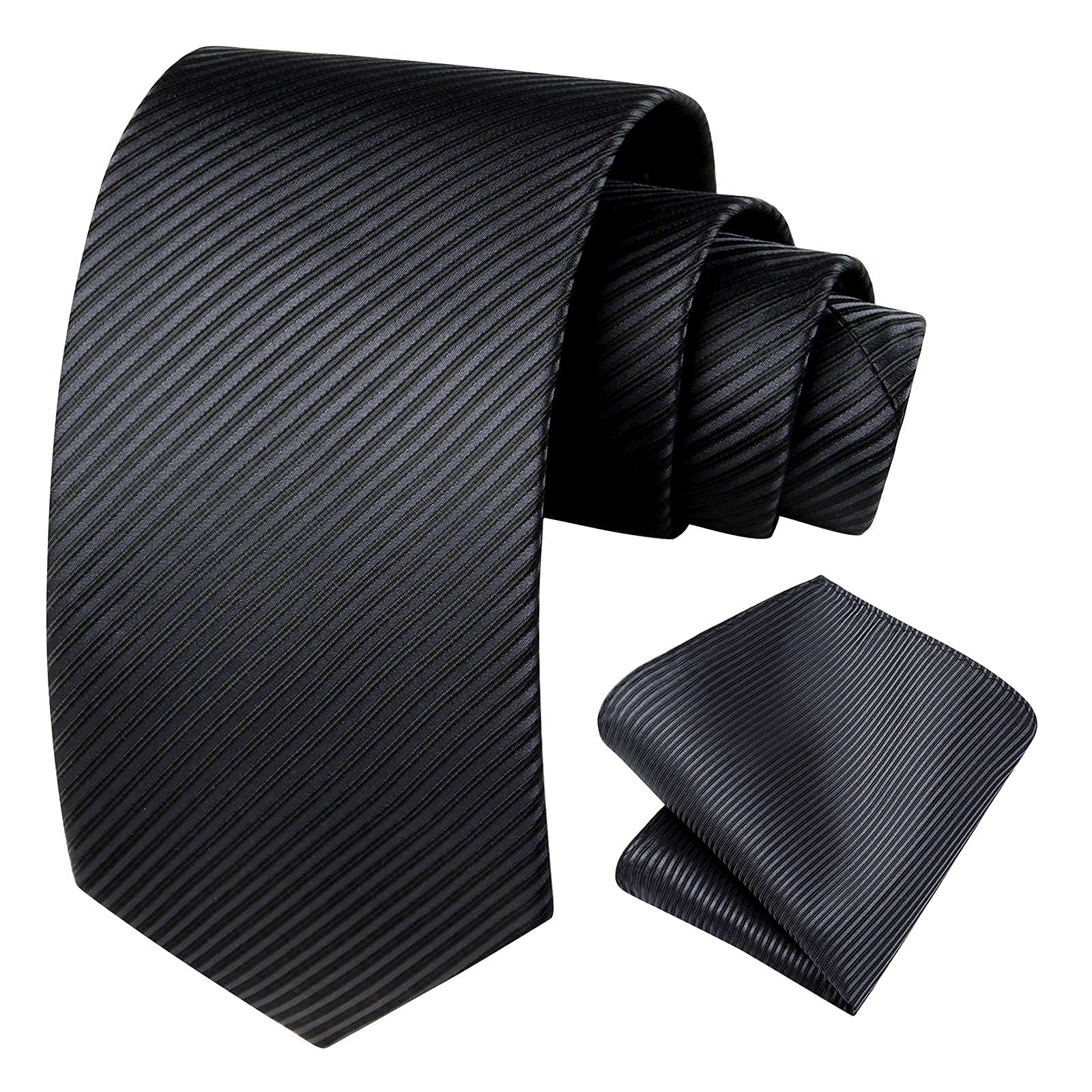 HISDERN Black Ties for Men Formal Mens Ties and Pocket Square Set Classy Silk Striped Necktie Handkerchief for Wedding Business Graduation School Party