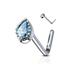 Amelia Fashion 20 Gauge Tear Drop Nose Stud Ring L Bend 316L Surgical Steel (Choose Color) (Aqua CZ)