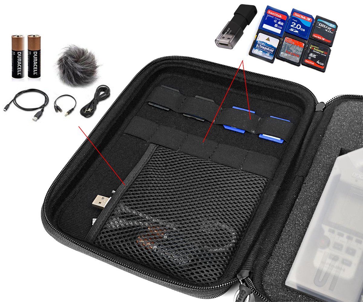 Professional Portable Recorder Case with DIY foam inlay for ZOOM H1, H2N, H5, H4N, H6, F8, Q8 Handy Music Recorders, Charger, Mic Tripod Adapter and Accessories (Polyester Black)