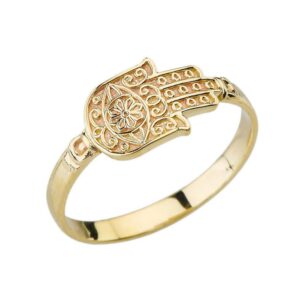 Middle Eastern Jewelry Elegant 14k Yellow Gold Evil Eye Sun of Hamsa Hand Ring (Size 11)