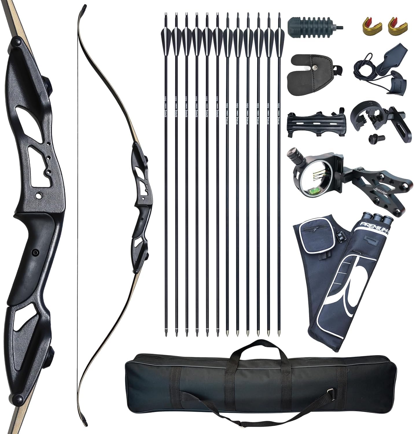 D&Q Recurve Bows for Adults Hunting Black Hunter Longbow Takedown 30-50lbs Bow and Arrow Set Right Handed Archery Archery with Bow Case Stringer Arrow Target Practice (Black 50lbs)