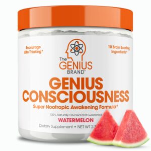 genius consciousness, super nootropic brain supplement powder, watermelon - boost focus, cognitive function, concentration & memory booster - alpha gpc & lions mane mushroom for neuro energy & iq