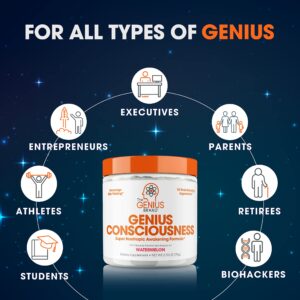 Genius Consciousness, Super Nootropic Brain Supplement Powder, Watermelon - Boost Focus, Cognitive Function, Concentration & Memory Booster - Alpha GPC & Lions Mane Mushroom for Neuro Energy & IQ