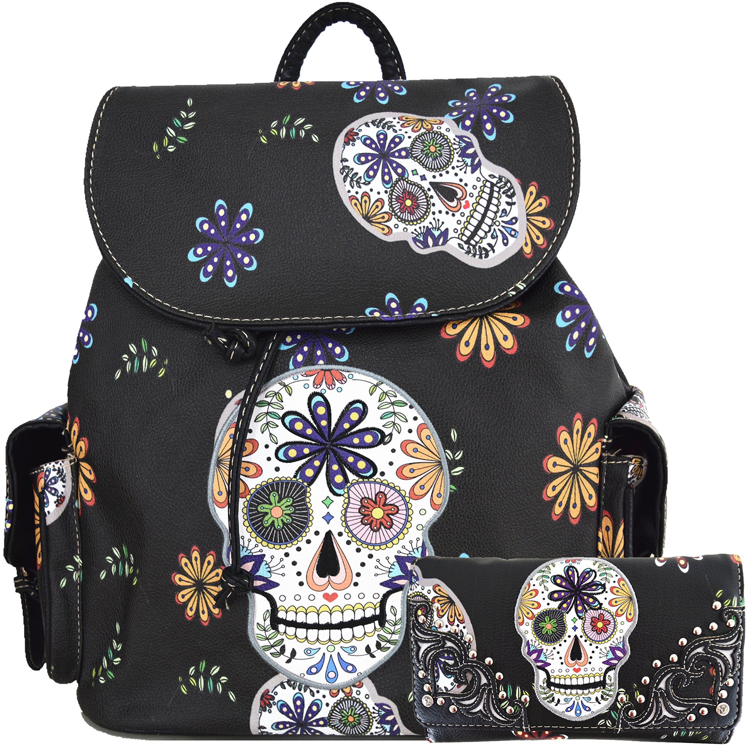 WESTERN ORIGIN Sugar Skull Day of the Dead Daypack Punk Gothic Backpack Rose Flower Fashion Women Travel Biker Purse Daypack Wallet Set (Black Set)