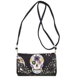 WESTERN ORIGIN Sugar Skull Day of the Dead Daypack Punk Gothic Backpack Rose Flower Fashion Women Travel Biker Purse Daypack Wallet Set (Black Set)