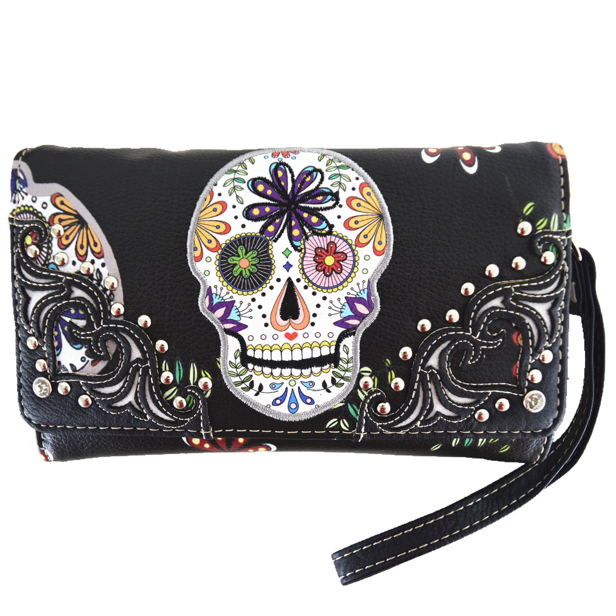 WESTERN ORIGIN Sugar Skull Day of the Dead Daypack Punk Gothic Backpack Rose Flower Fashion Women Travel Biker Purse Daypack Wallet Set (Black Set)