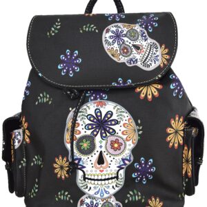 WESTERN ORIGIN Sugar Skull Day of the Dead Daypack Punk Gothic Backpack Rose Flower Fashion Women Travel Biker Purse Daypack Wallet Set (Black Set)