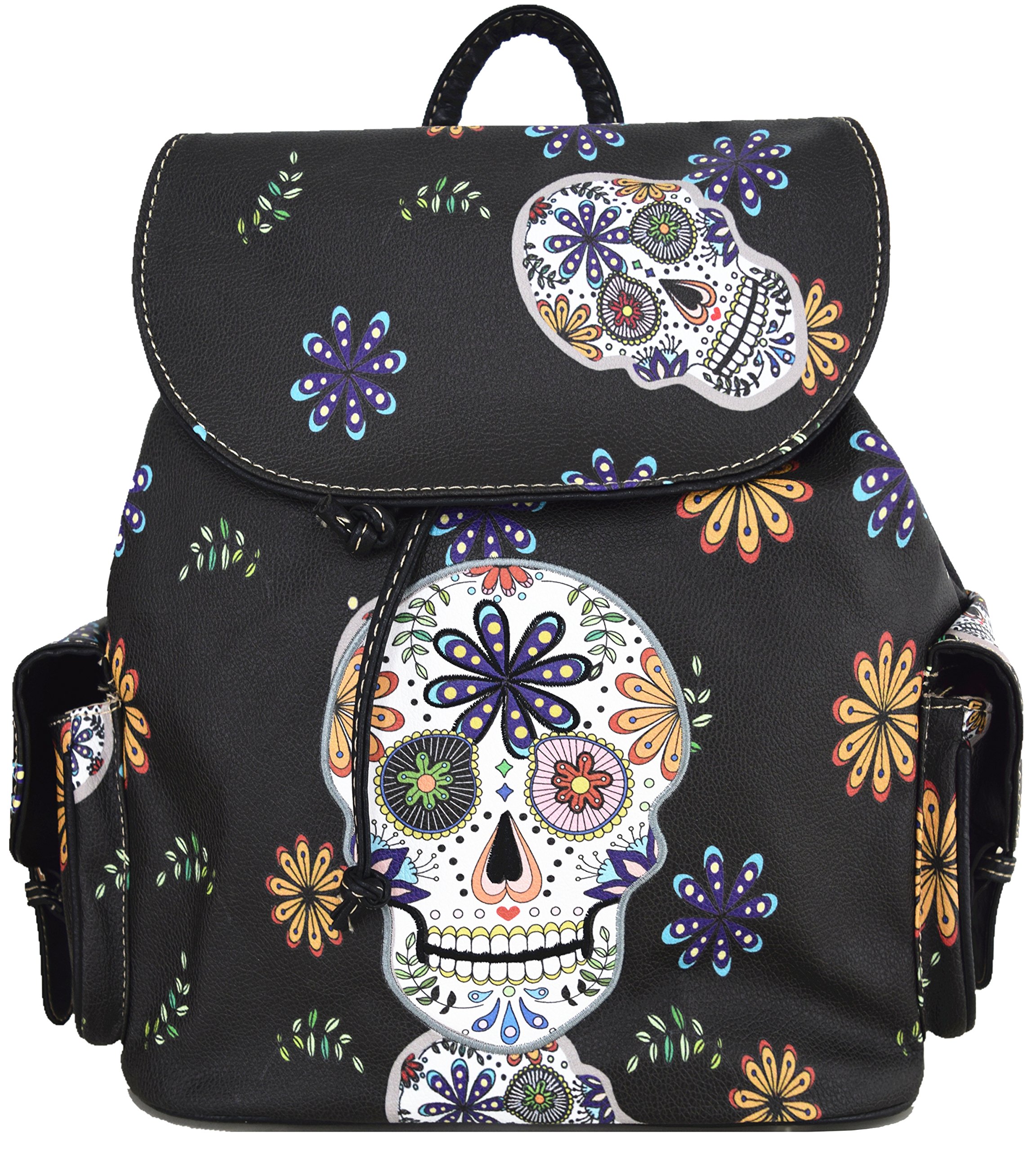 WESTERN ORIGIN Sugar Skull Day of the Dead Daypack Punk Gothic Backpack Rose Flower Fashion Women Travel Biker Purse Daypack Wallet Set (Black Set)