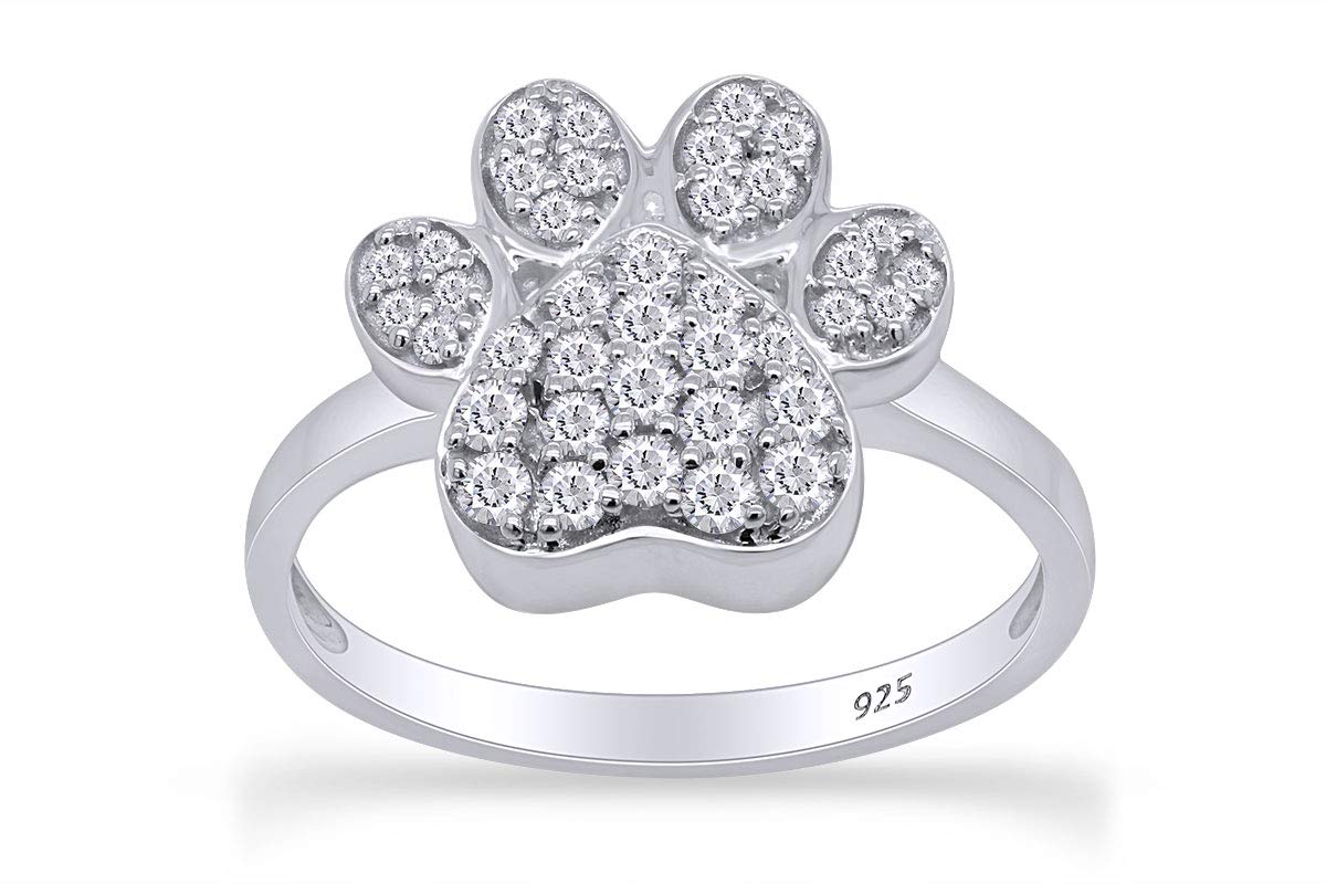 AFFY Round Shape White Cubic Zirconia Dog Pawprint Ring in 14k White Gold Over Sterling Silver (0.4 cttw) Ring Size-5.5