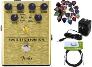 fender pugilist distortion pedal bundle with power supply, fender instrument cable, and 24 picks