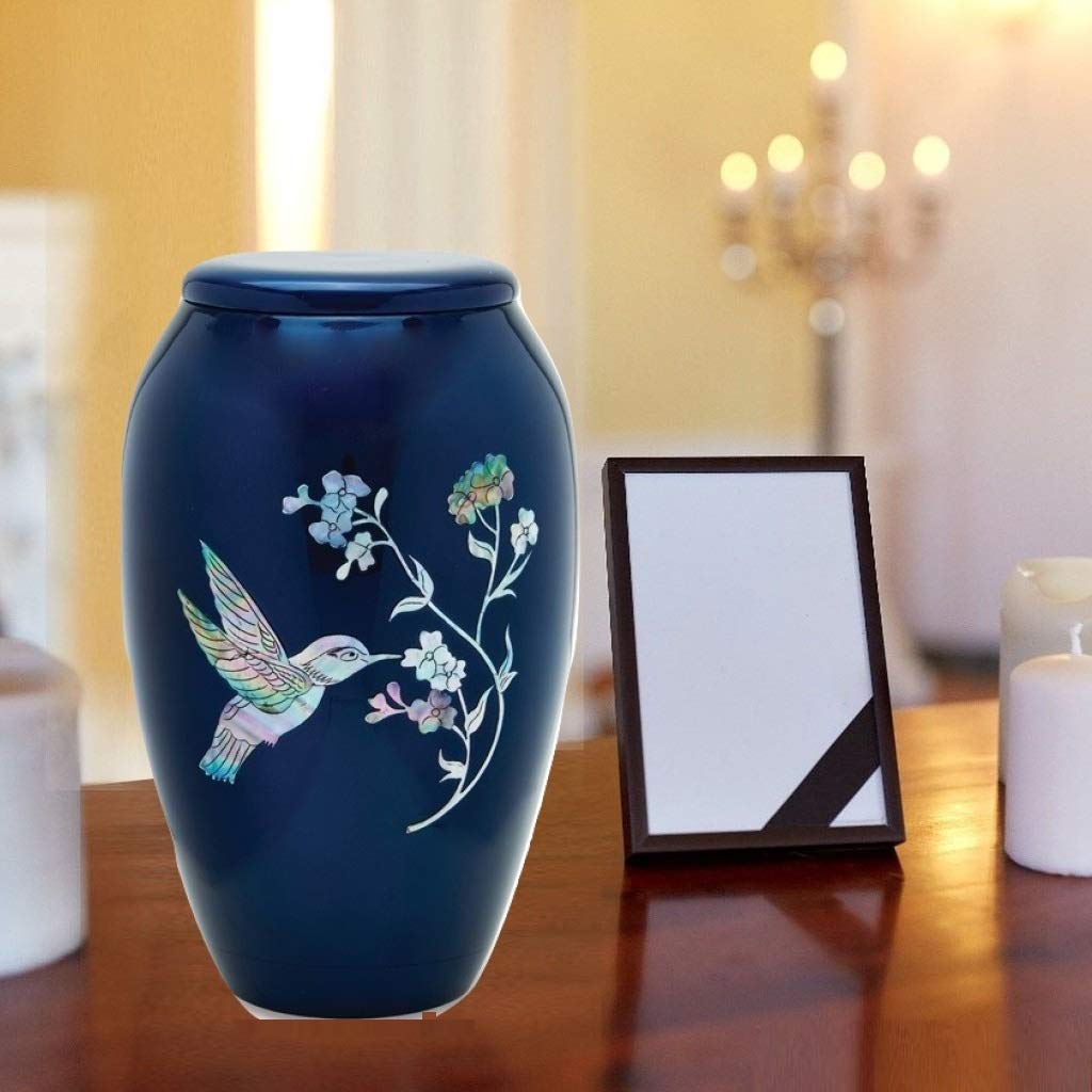 Blue Hummingbird Mother of Pearl Inlaid Metal Cremation Urn and Velvet Bag