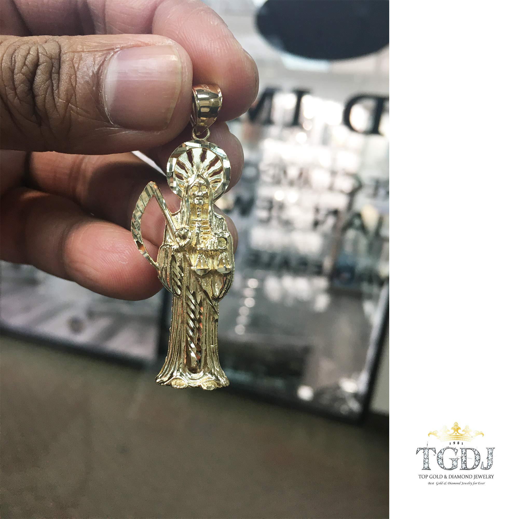 14k Yellow Gold Religious Santa Muerte Pendant - Height 45 MM Width 20 MM Avg. Weight 4.2 grams