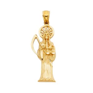 14k Yellow Gold Religious Santa Muerte Pendant - Height 30 MM Width 13 MM Avg. Weight 1.8 grams