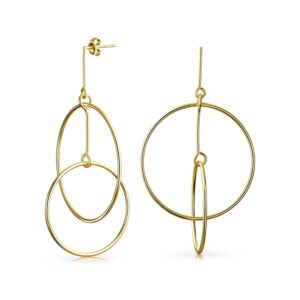 minimalist geometric round thin one two open interlocking circle dangle earrings for women 14k gold plated .925 sterling silver 2.5 inch diameter