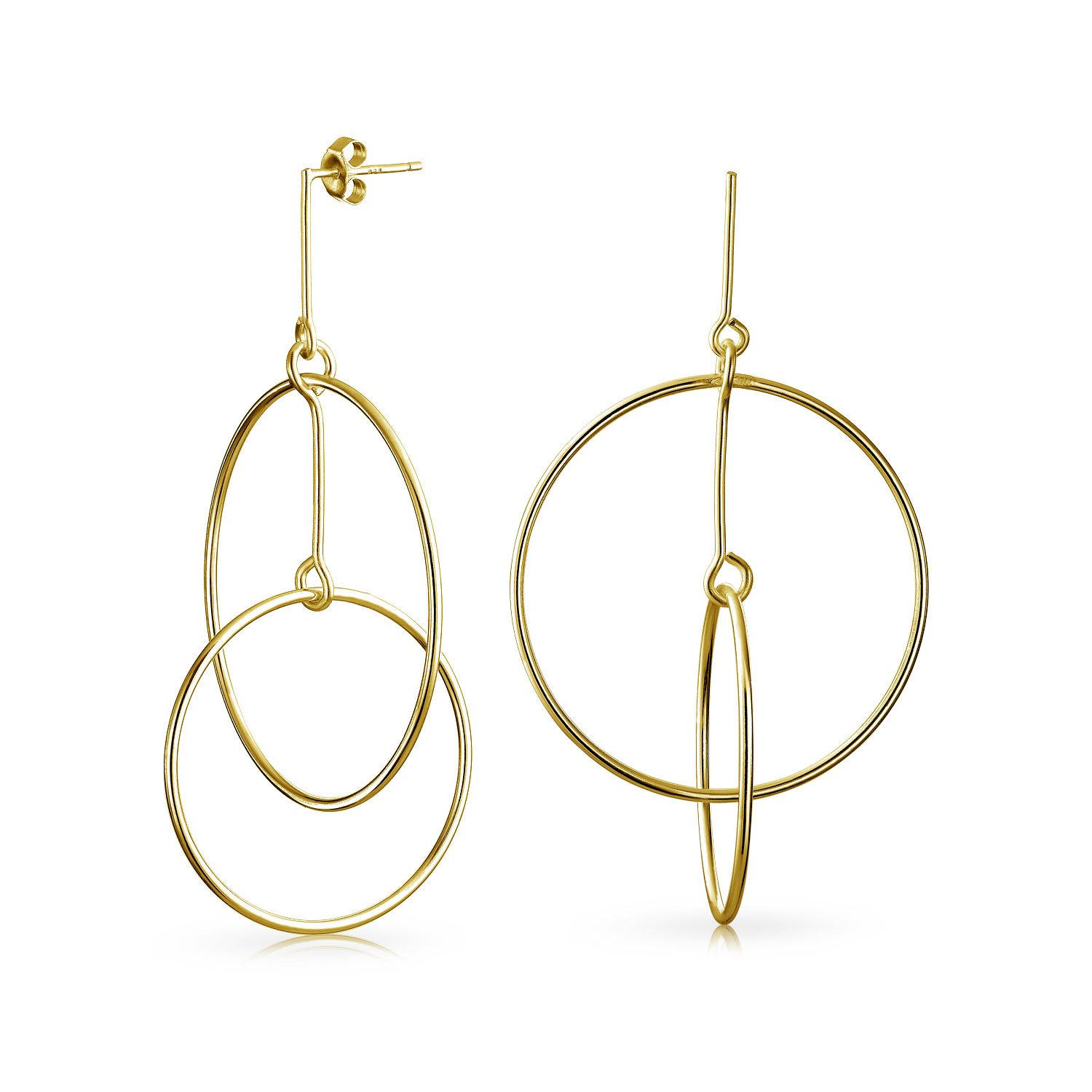 Minimalist Geometric Round Thin One Two Open Interlocking Circle Dangle Earrings For Women 14K Gold Plated .925 Sterling Silver 2.5 Inch Diameter