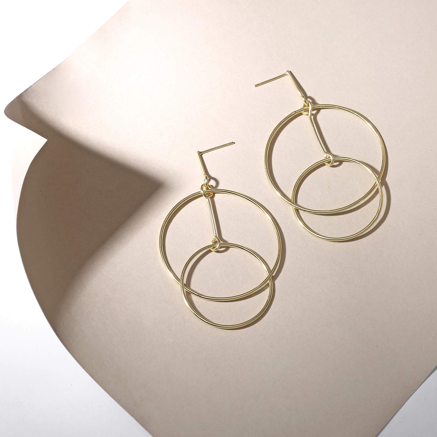 Minimalist Geometric Round Thin One Two Open Interlocking Circle Dangle Earrings For Women 14K Gold Plated .925 Sterling Silver 2.5 Inch Diameter