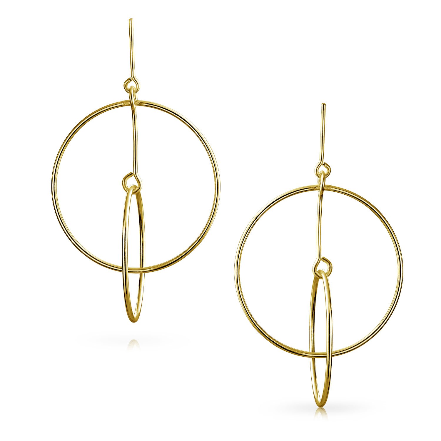 Minimalist Geometric Round Thin One Two Open Interlocking Circle Dangle Earrings For Women 14K Gold Plated .925 Sterling Silver 2.5 Inch Diameter