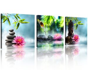 tutubeer zen canvas prints 3 panel spa wall decor spa stone green bamboo pink waterlily zen buddha pictures canvas painting print for home office and kitchen stretched and framed each panel 12x12inch