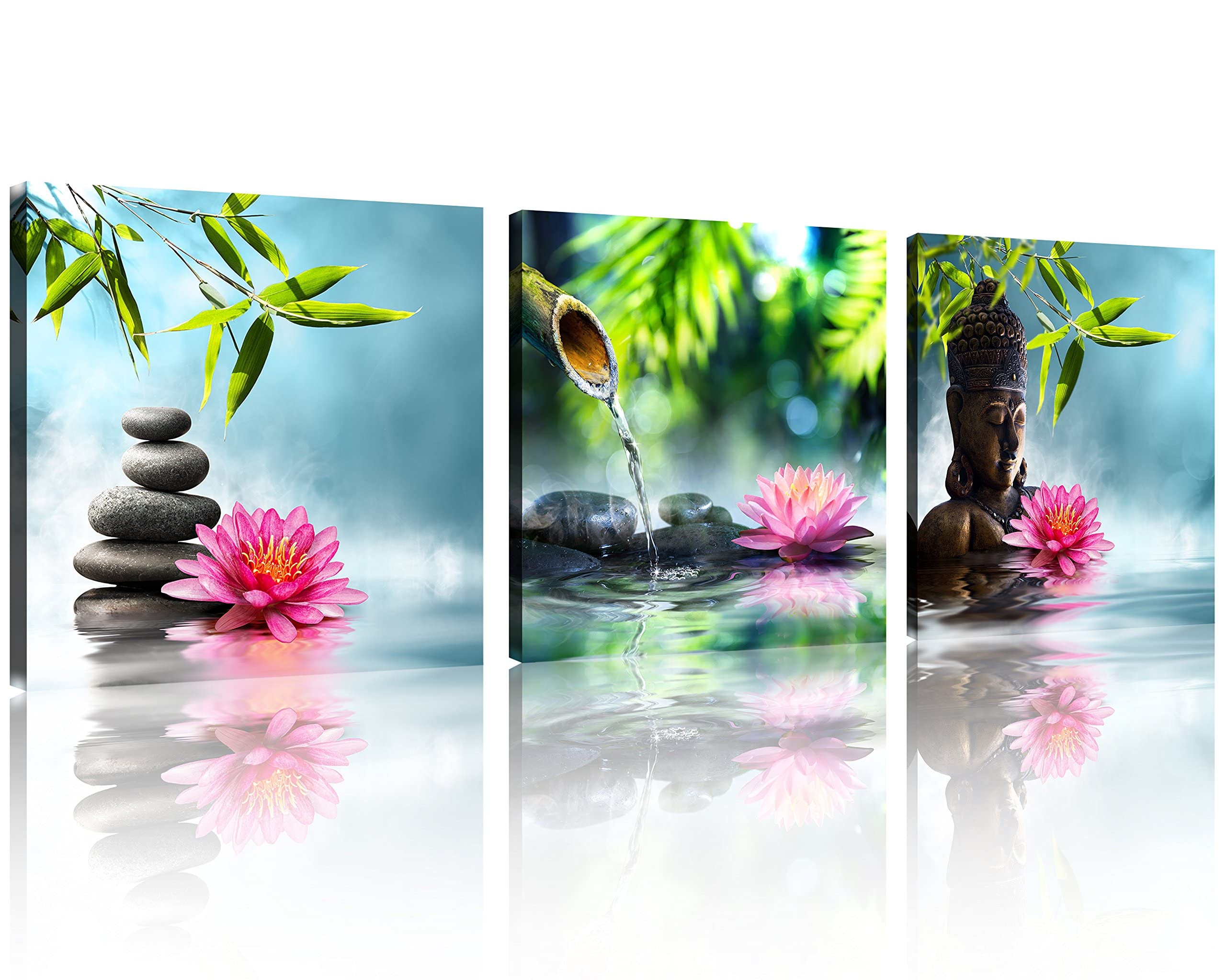 TutuBeer Zen Canvas Prints 3 Panel Spa Wall Decor Spa Stone Green Bamboo Pink Waterlily Zen Buddha Pictures Canvas Painting Print for Home Office and Kitchen Stretched and Framed Each Panel 12x12inch