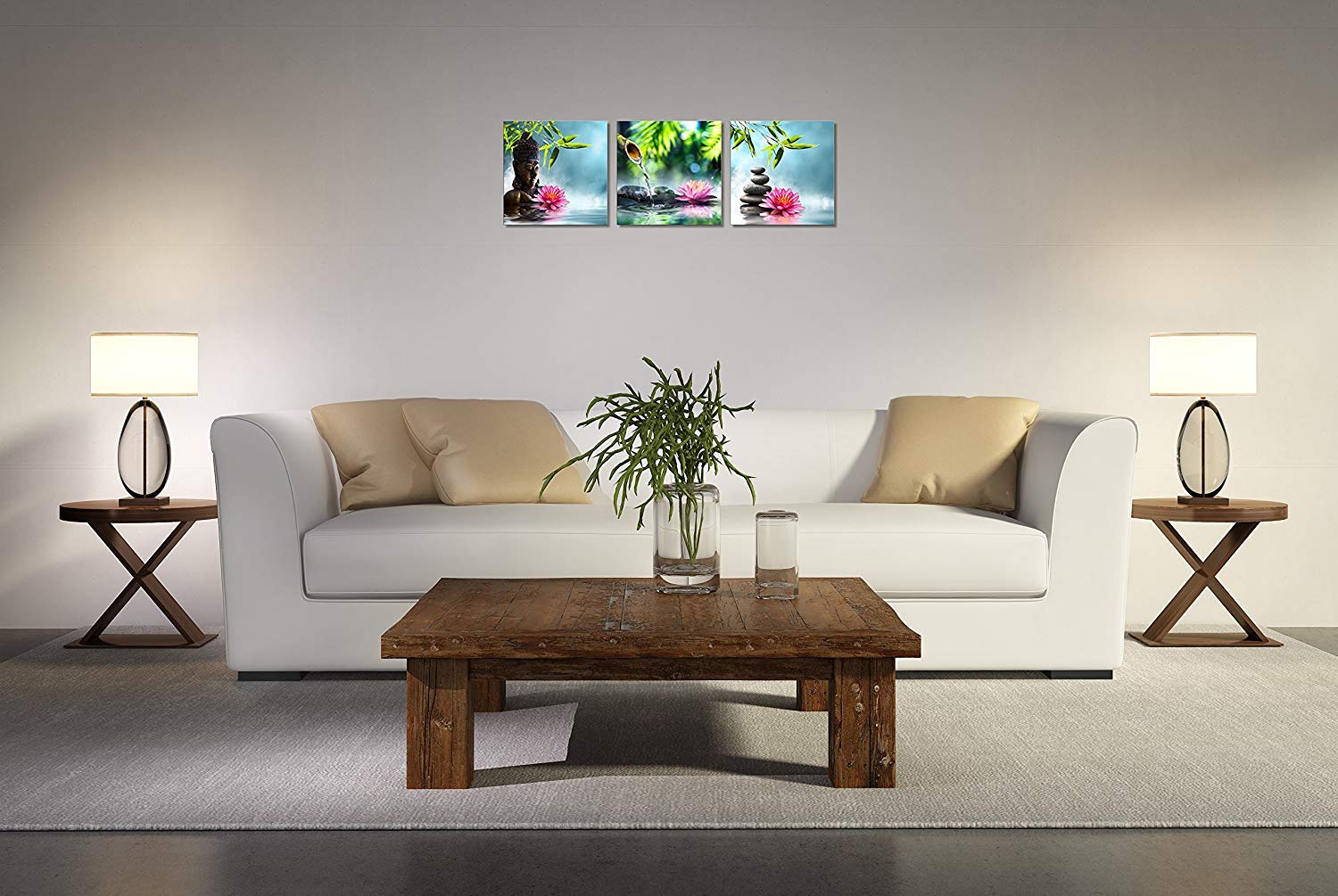 TutuBeer Zen Canvas Prints 3 Panel Spa Wall Decor Spa Stone Green Bamboo Pink Waterlily Zen Buddha Pictures Canvas Painting Print for Home Office and Kitchen Stretched and Framed Each Panel 12x12inch