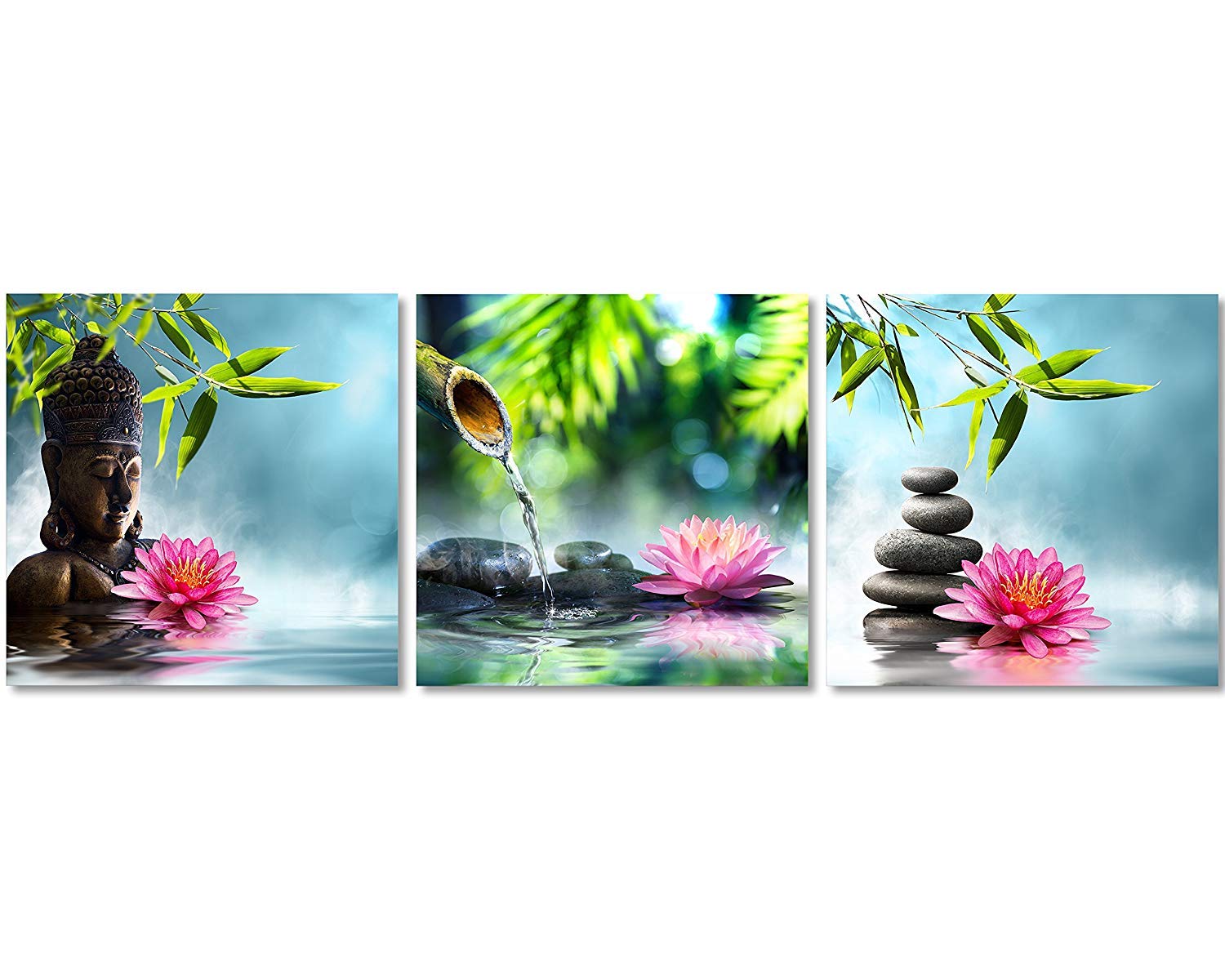 TutuBeer Zen Canvas Prints 3 Panel Spa Wall Decor Spa Stone Green Bamboo Pink Waterlily Zen Buddha Pictures Canvas Painting Print for Home Office and Kitchen Stretched and Framed Each Panel 12x12inch