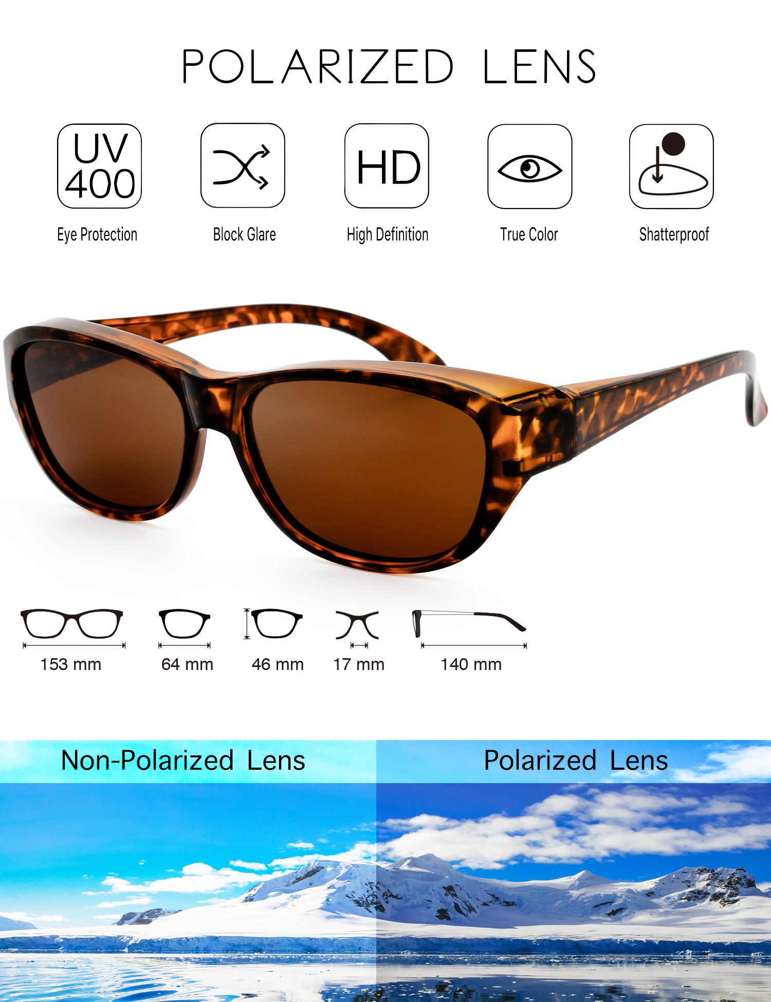 The Fresh High Definition Polarized Wrap Around Sunglasses for Wide Prescription Glasses 64mm Gift Box (F304-Tortoise, Brown)