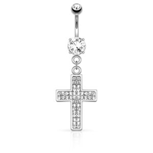 Pierced Owl 14GA Crystal Paved Cross Dangling Belly Button Ring (Silver Tone)