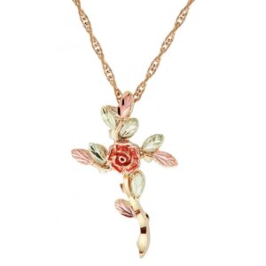 black hills gold jewelry 10k yellow gold tree of life cross pendant necklace, 12k green and rose gold, 18 inches for women