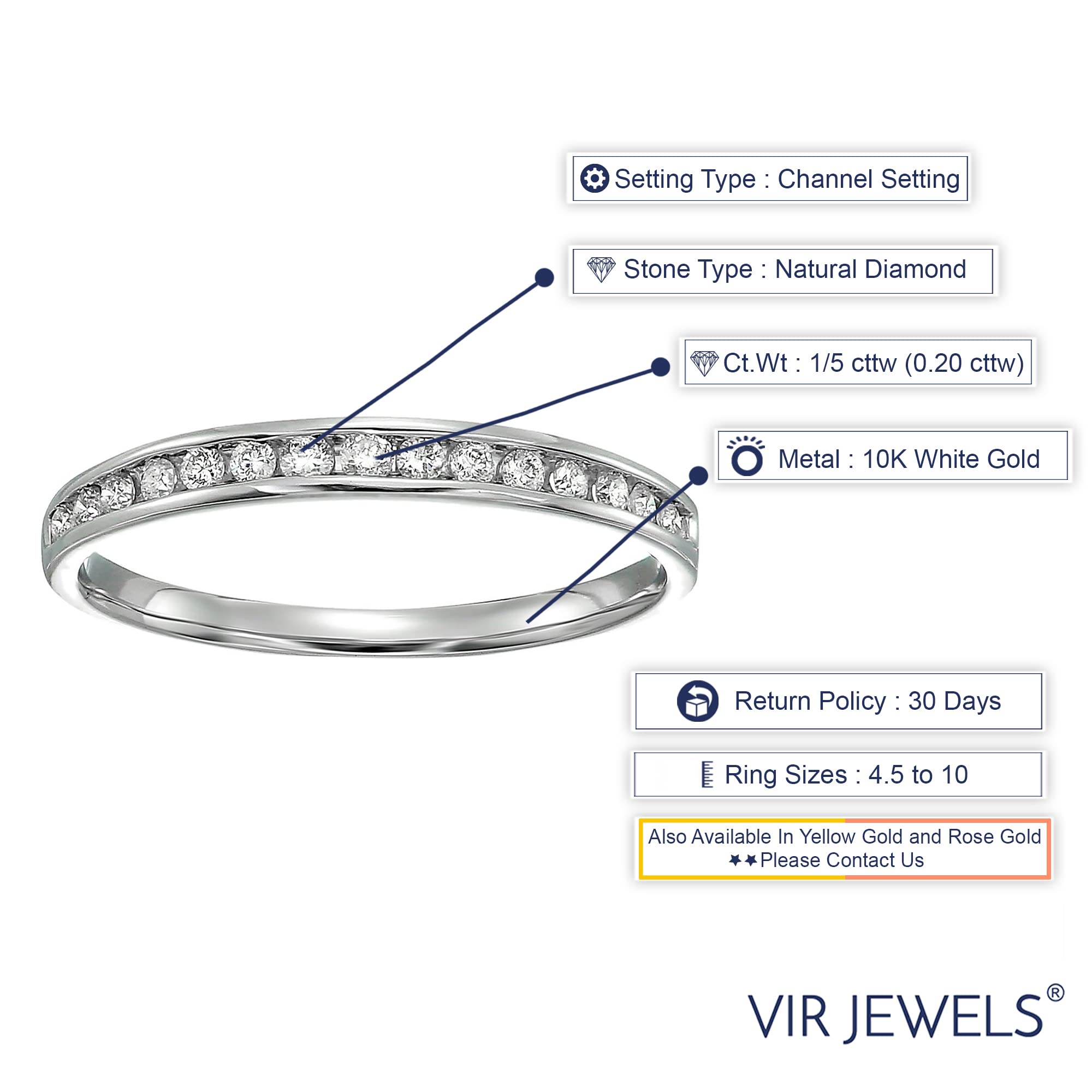 VIR JEWELS 1/5 carat (ctw) Diamond Wedding Anniversary Band for Women, Half Eternity Round Diamond Engagement Ring 10K White Gold Channel Set 0.20 cttw, Size 8.5