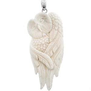 hand carving feather owl buffalo bone 925 sterling silver pendant, 3"