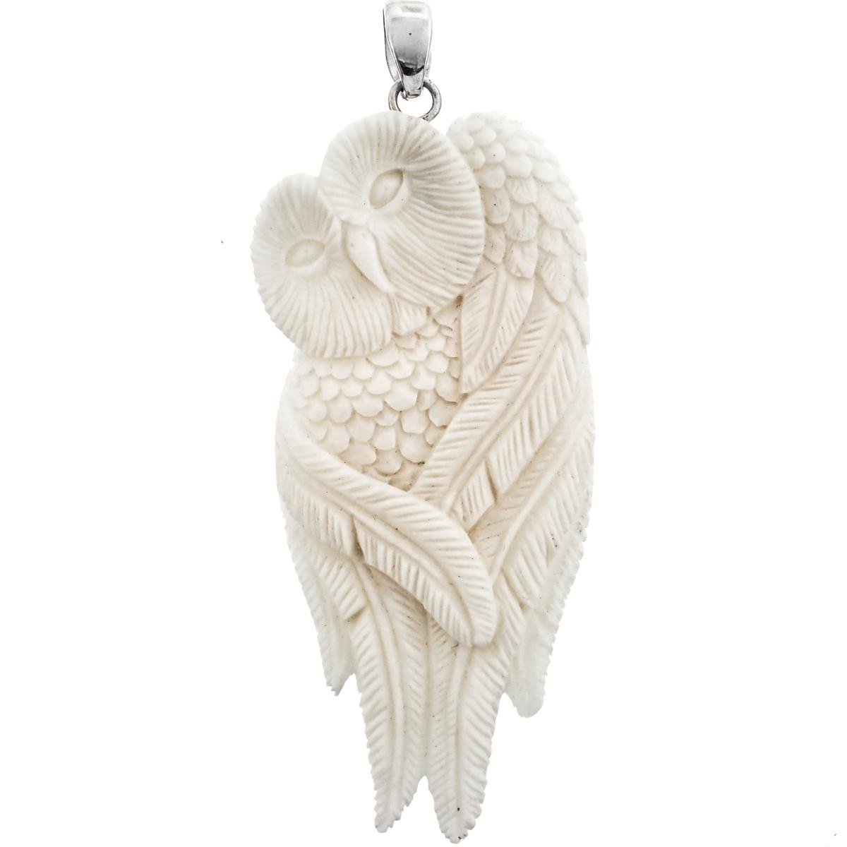 Hand Carving Feather Owl Buffalo Bone 925 Sterling Silver Pendant, 3"