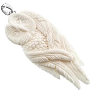 Hand Carving Feather Owl Buffalo Bone 925 Sterling Silver Pendant, 3"