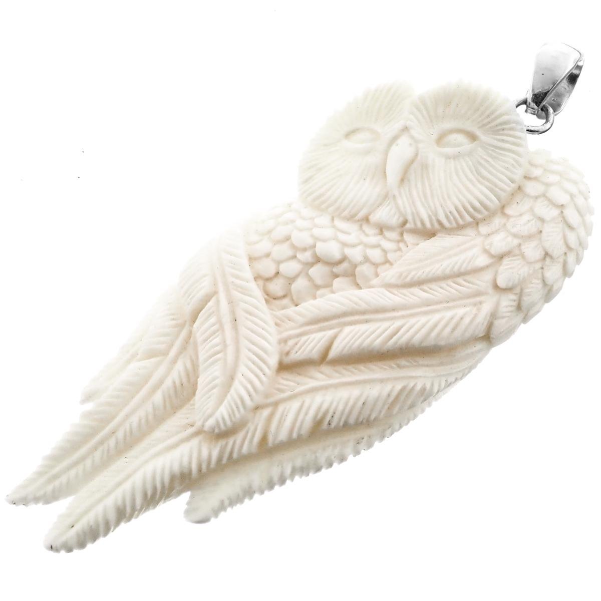 Hand Carving Feather Owl Buffalo Bone 925 Sterling Silver Pendant, 3"