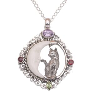 NOVICA Artisan Handmade Multigemstone Pendant Necklace 925 Sterling Silver Garnet Cat Amethyst Peridot Green Multicolor Purple Red Indonesia Sun Moon Birthstone [20 in L 3 mm W Pendant(s) 2.2 in L x ]