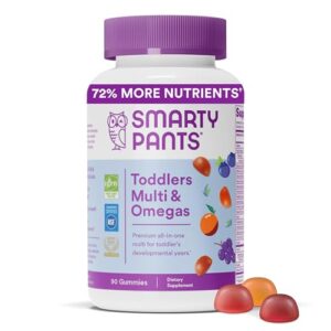 smartypants toddler multivitamin gummies: omega 3 fish oil (epa/dha), vitamin d3, c, vitamin b12, b6, vitamin a, k & zinc for immune support, gluten free, three fruit flavors, 90 count (30 day supply)