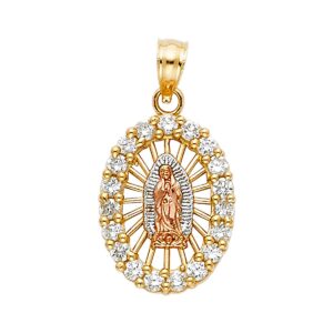 14k Yellow White Rose Gold CZ Religious Guadalupe Pendant - Height 17 MM Width 13 MM