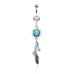 Amelia Fashion 14 Gauge Turquoise Centered Sun With Feather & Arrows Navel Dangle 316L Surgical Steel (Steel & Turquoise)