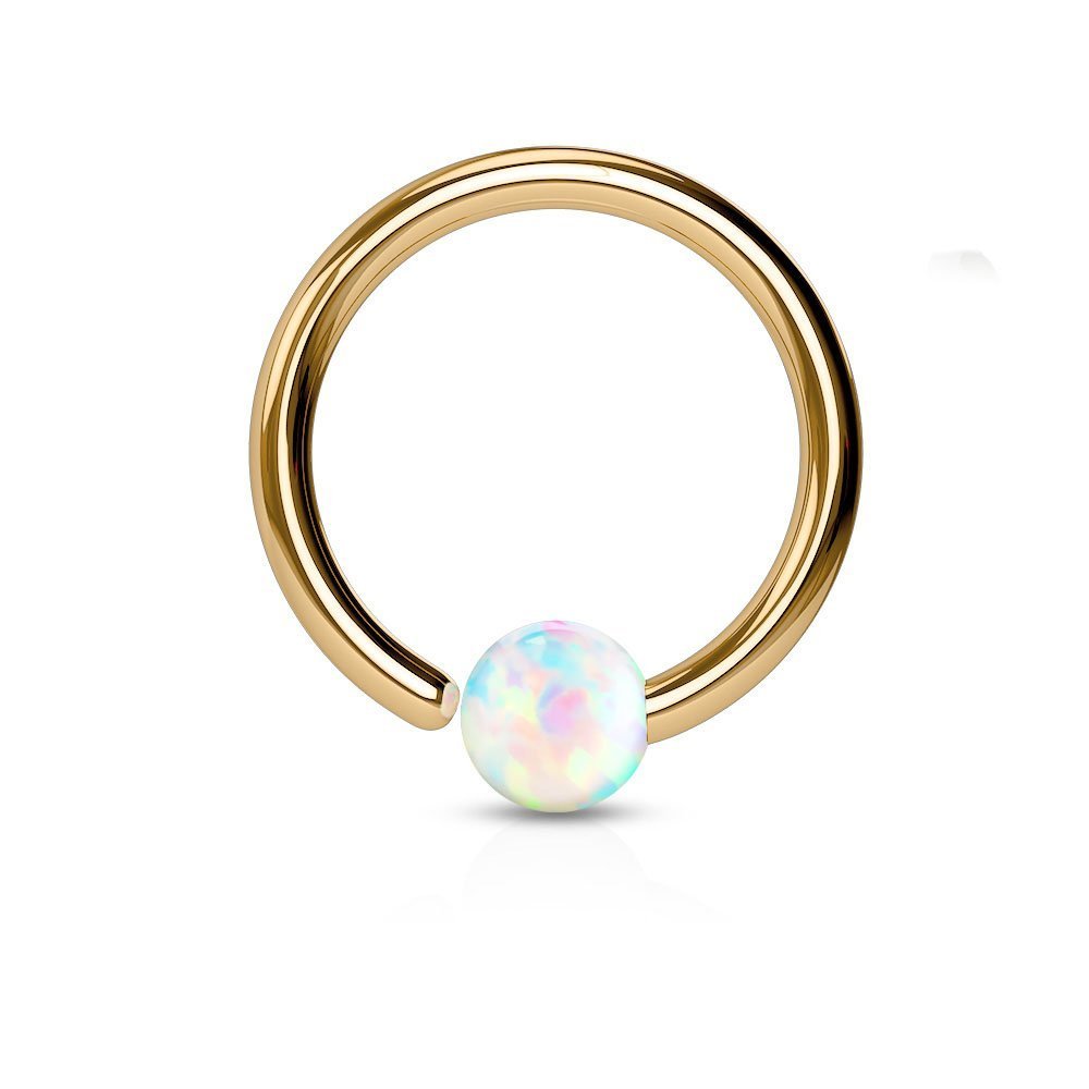 Covet Jewelry Rose Gold IP Plated 316L Surgical Steel White Opal Ball Fixed On End Hoop Rings (20GA, Length: 8mm, Ball Size: 2mm)