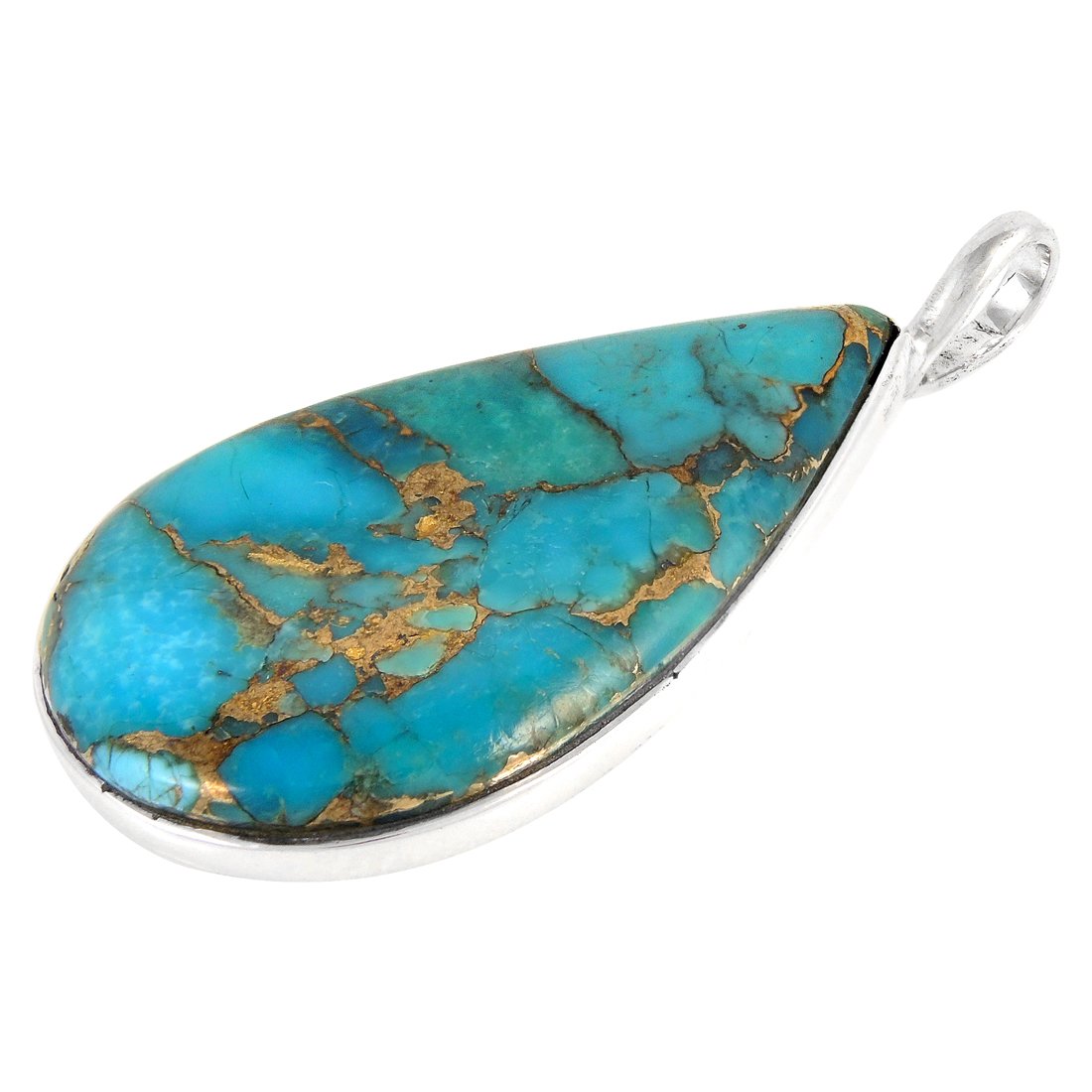 Turquoise Pendant Necklace in Sterling Silver 925 & Genuine Copper-Infused Matrix Turquoise (Select Style) (Modern Teardrop)