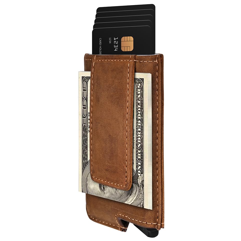 Dinghao RFID Blocking Slim Money Clip Aluminum Wallet Automatic Pop-up Card Case (Texas Brown)